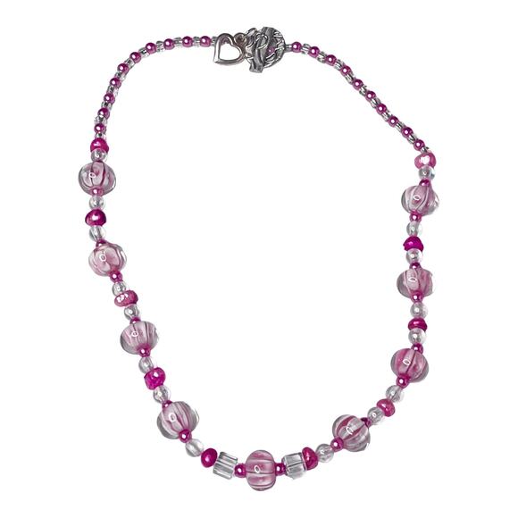 VTG Murano GLASS BEAD NECKLACE Pink Flower Clear Pearlescent Beaded Toggle Clasp - Picture 2 of 5